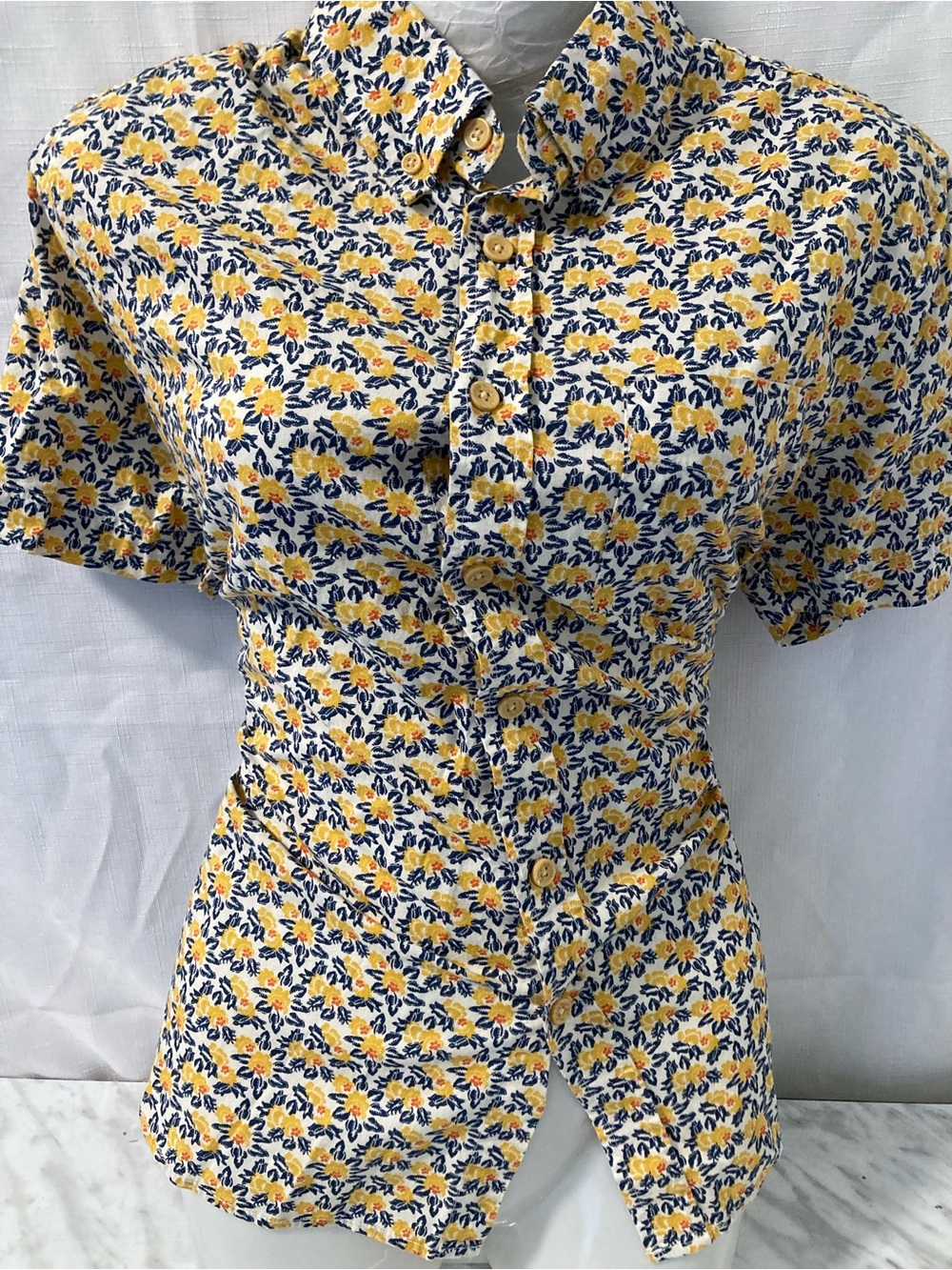 Ben Sherman Women's Yellow Blue Floral Stretch Button Up Shirt S